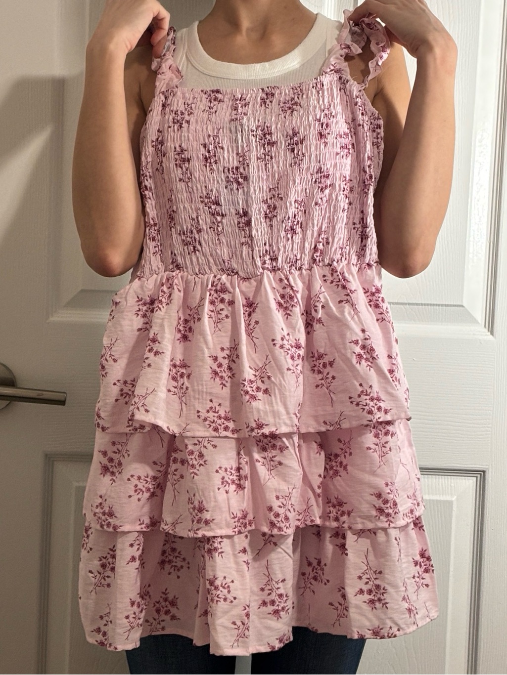 As U Wish Pink Floral Smocked Tiered Mini Dress Nwt Size Large